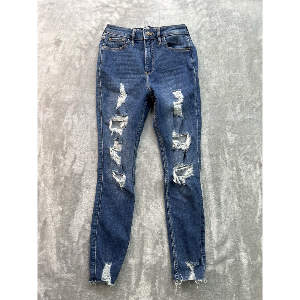 Hollister Jeans Womens Sz 0R Blue Curvy High Rise Crop Super Skinny Distressed